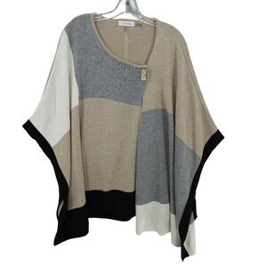 Calvin Klein Black Tan Colorblock Gold Accent Poncho Sweater